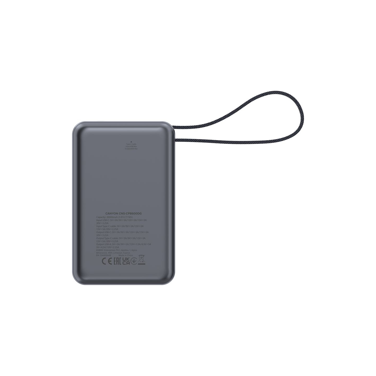 Canyon power bank OnPower 600 built-in cable 20000 mAh PD65W Dark Grey