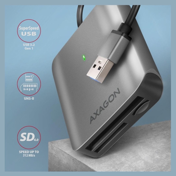 Axagon Aluminum high-speed USB-A 3.2 Gen 1 memory card reader. 3 slots, UHS-II.