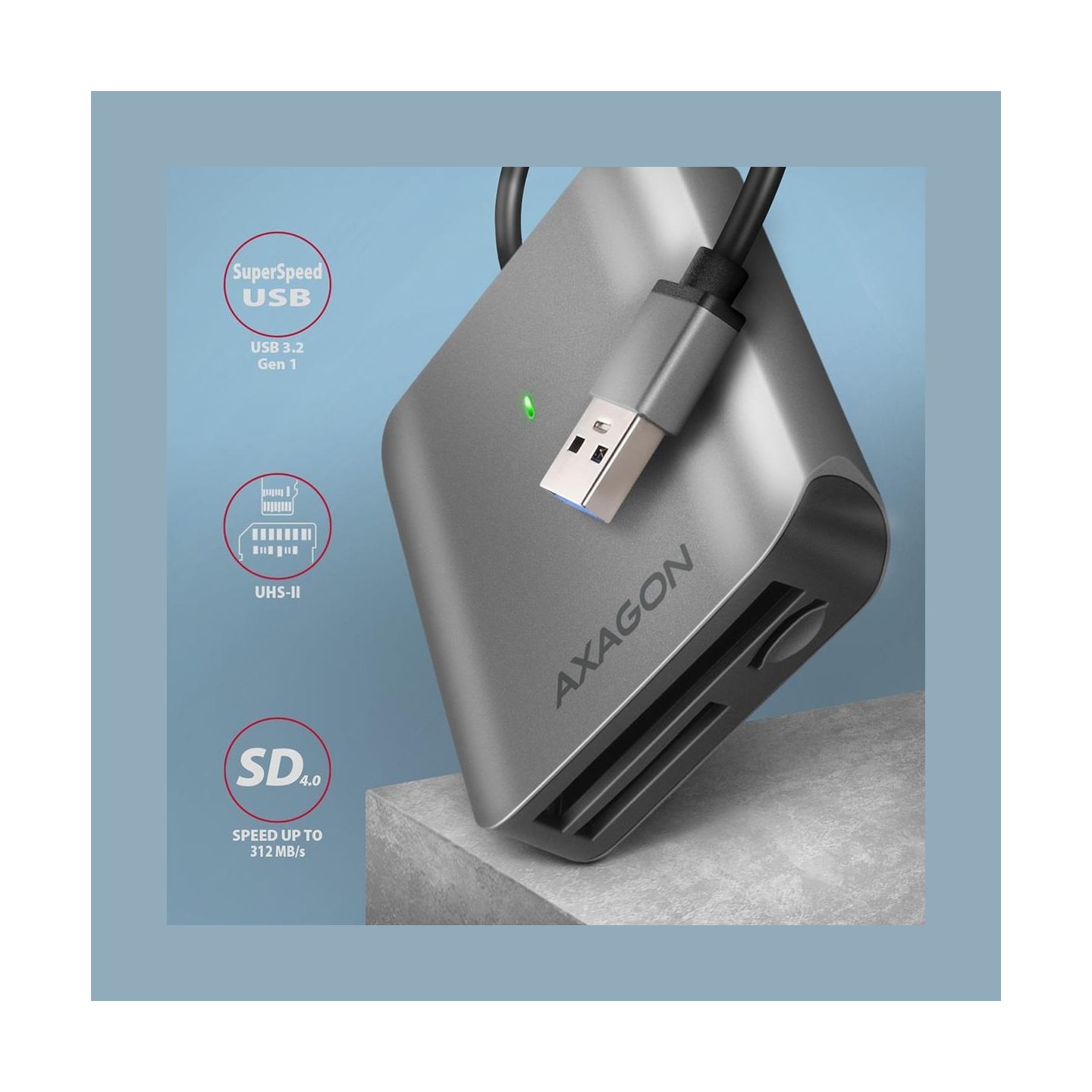 Axagon Aluminum high-speed USB-A 3.2 Gen 1 memory card reader. 3 slots, UHS-II.