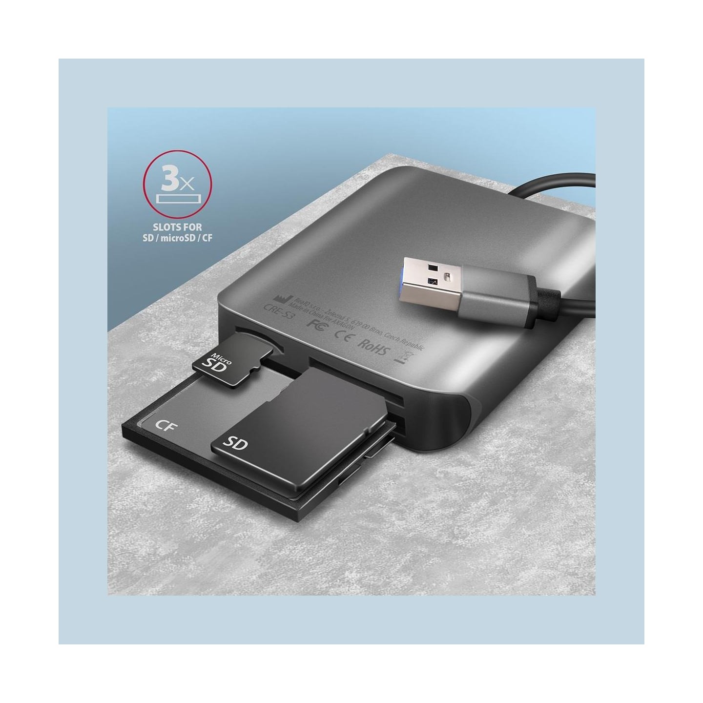 Axagon Aluminum high-speed USB-A 3.2 Gen 1 memory card reader. 3 slots, UHS-II.