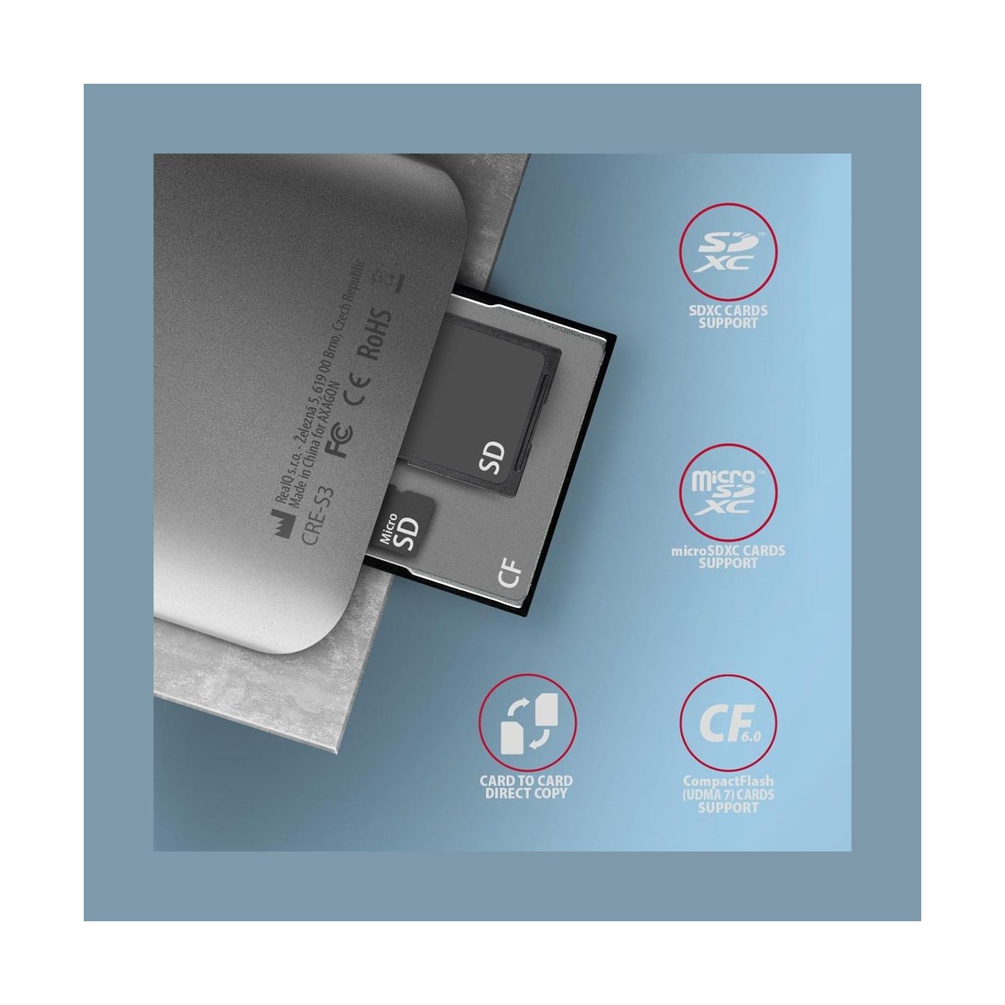 Axagon Aluminum high-speed USB-A 3.2 Gen 1 memory card reader. 3 slots, UHS-II.