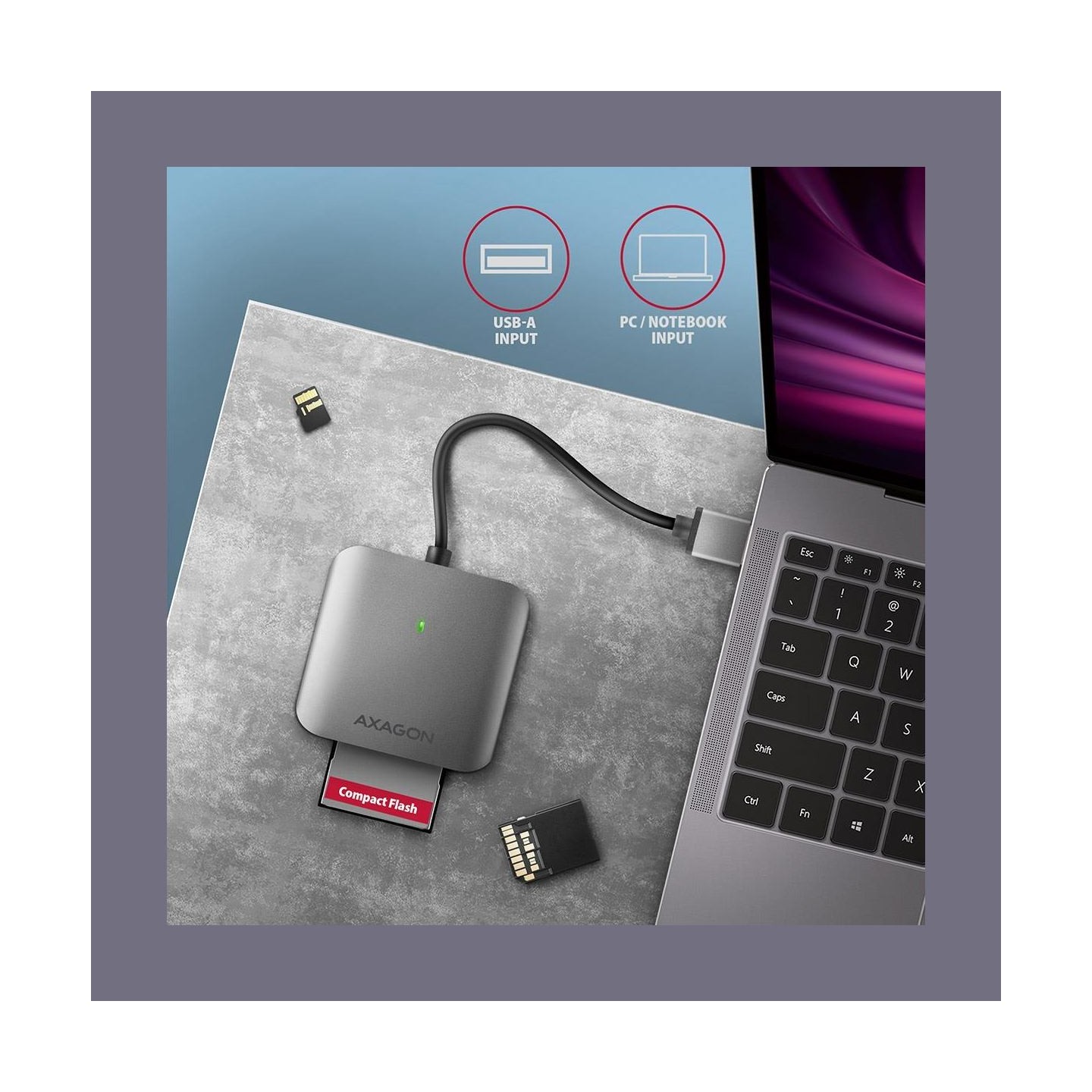 Axagon Aluminum high-speed USB-A 3.2 Gen 1 memory card reader. 3 slots, UHS-II.