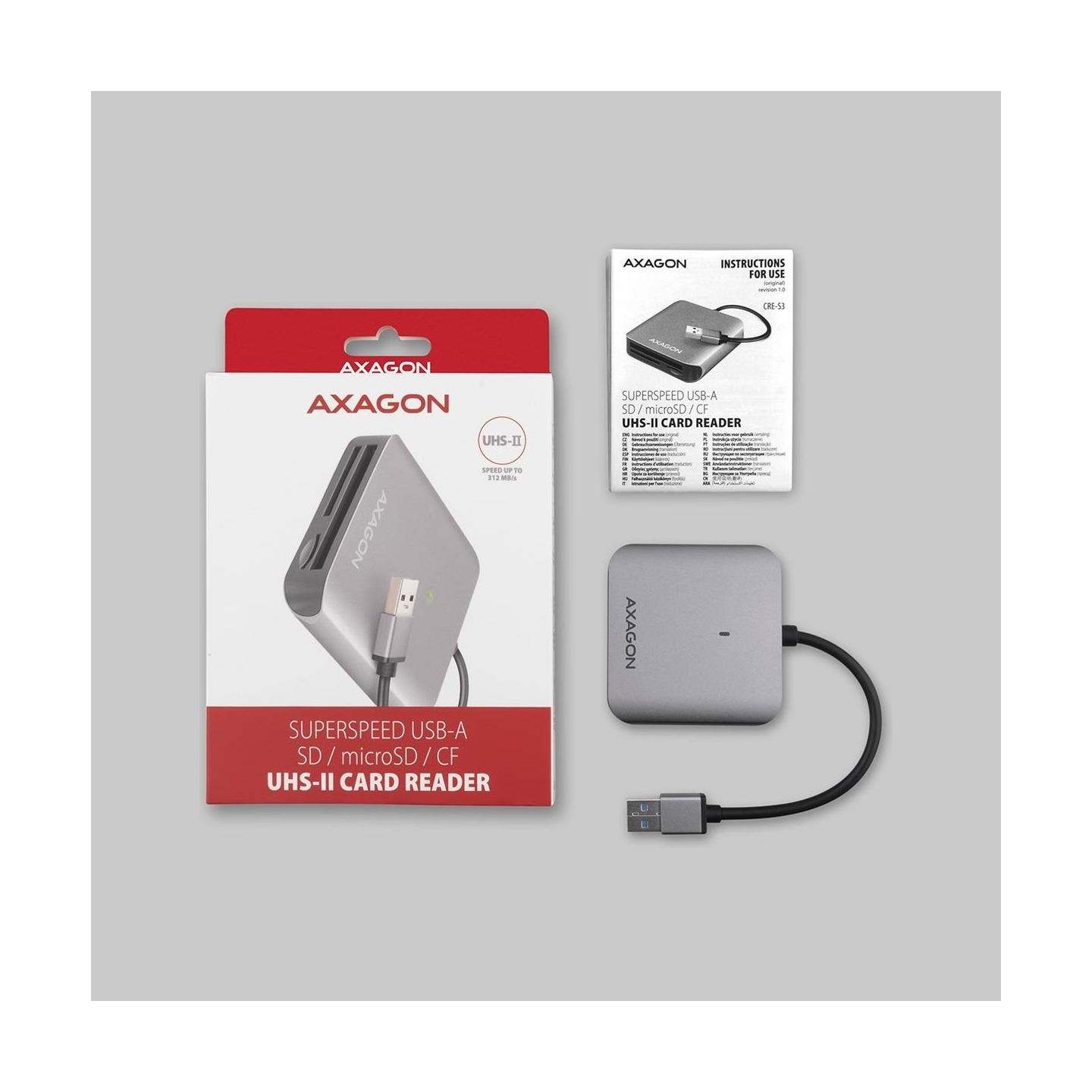 Axagon Aluminum high-speed USB-A 3.2 Gen 1 memory card reader. 3 slots, UHS-II.