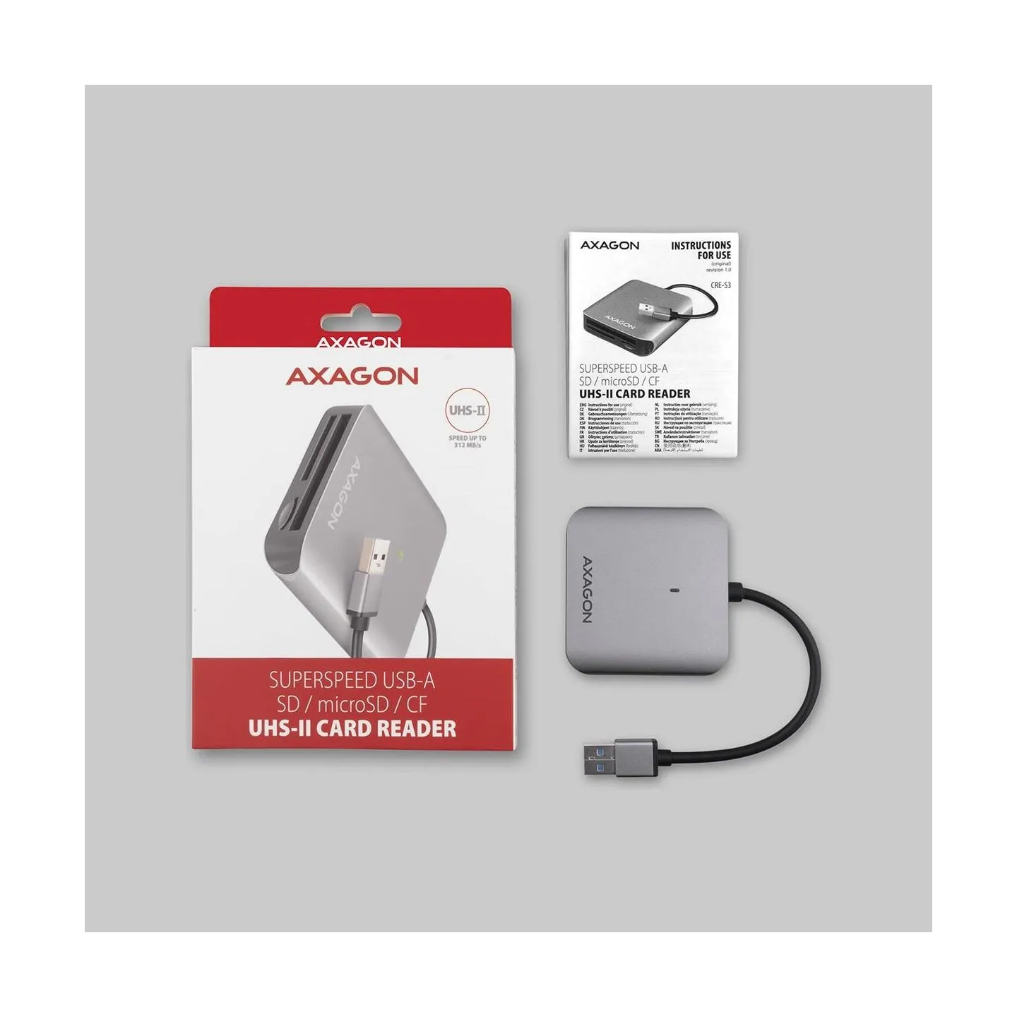 Axagon Aluminum high-speed USB-A 3.2 Gen 1 memory card reader. 3 slots, UHS-II.
