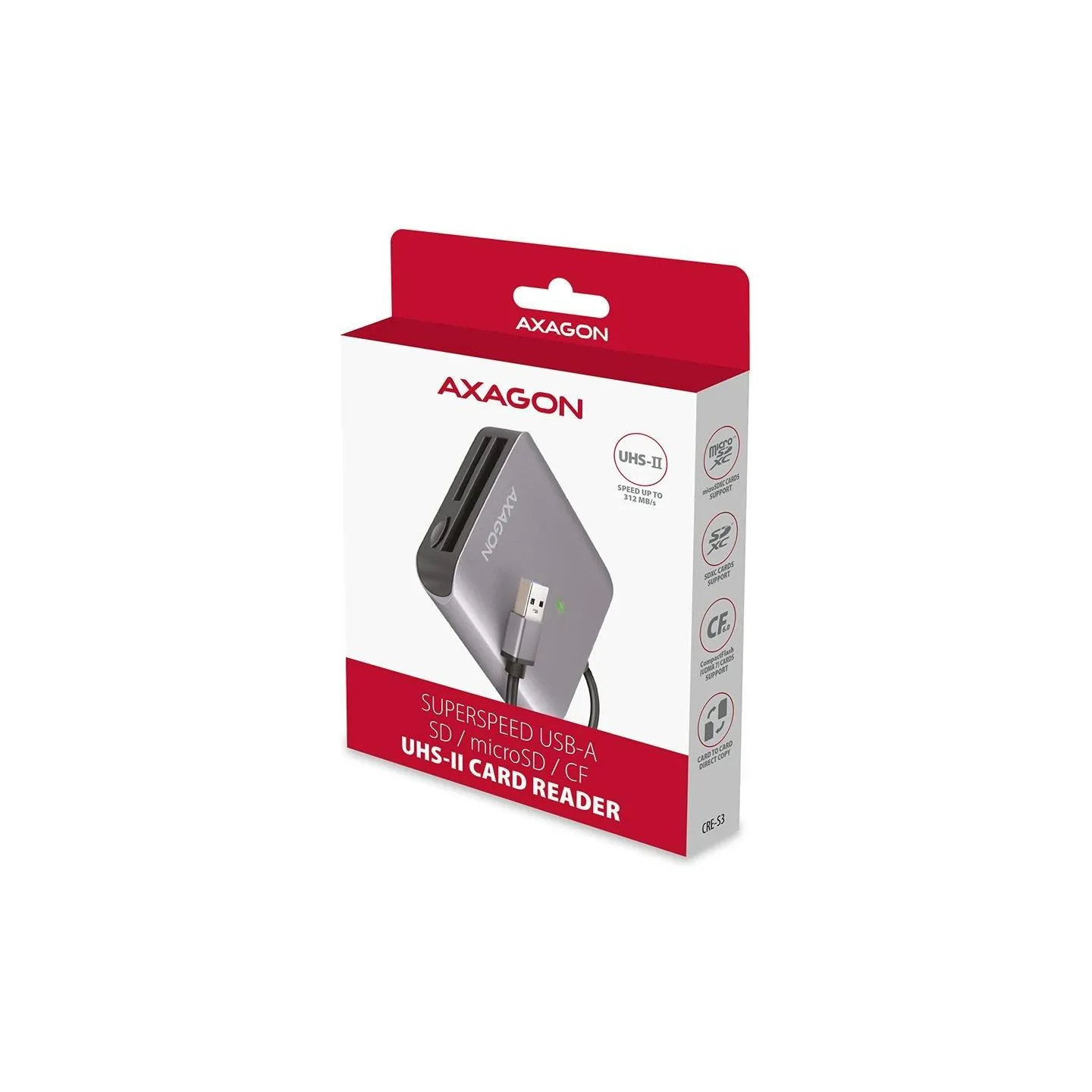 Axagon CRE-S3 External card reader USB-A 3.2 Gen 1, 3-slot & lun SD/microSD/CF, UHS-II
