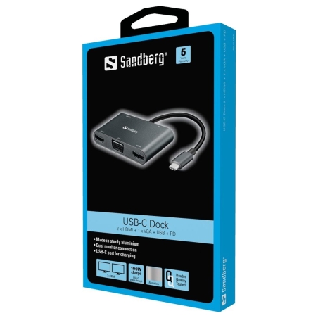Sandberg 136-35 USB-C Dock 2xHDMI+1xVGA+USB+PD