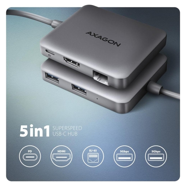 Axagon HMC-5HL 2xUSB-A 4K HDMI GLAN PD100W USB-C 15cm