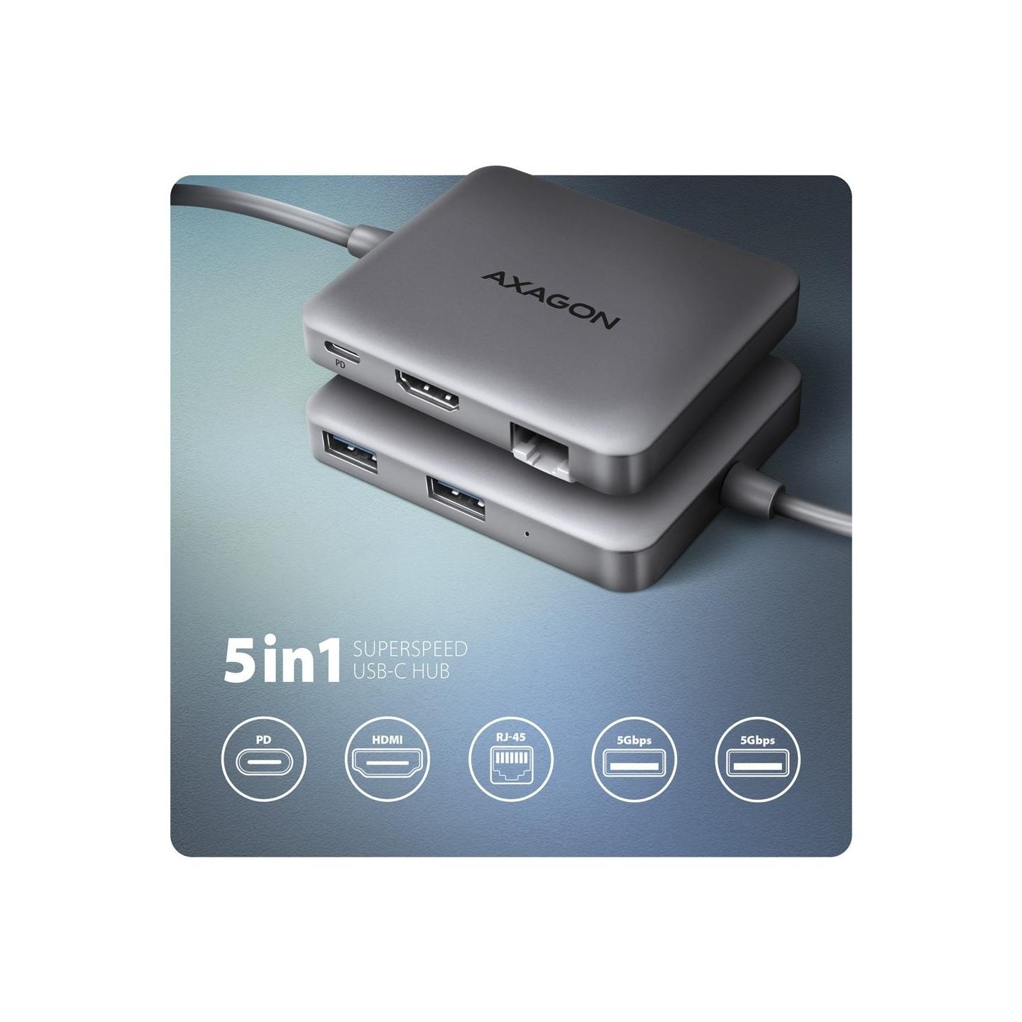 Axagon HMC-5HL 2xUSB-A 4K HDMI GLAN PD100W USB-C 15cm