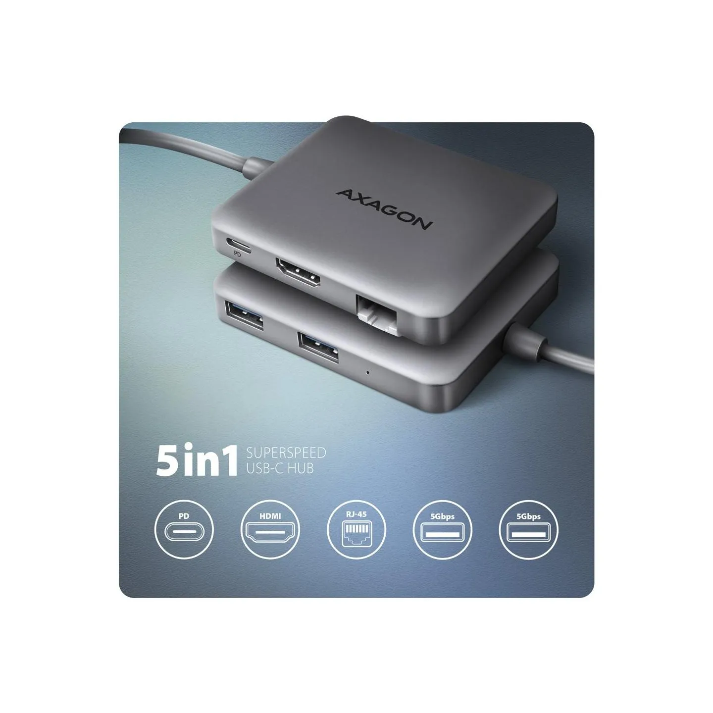 Axagon HMC-5HL USB 5Gbps hub, 2x USB-A, HDMI 4k/60Hz, RJ-45, PD 100W, 20c