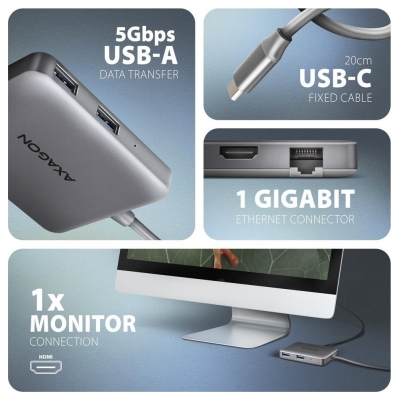 Axagon HMC-5HL 2xUSB-A 4K HDMI GLAN PD100W USB-C 15cm