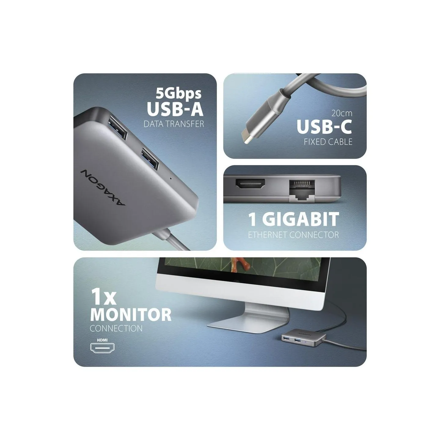 Axagon HMC-5HL 2xUSB-A 4K HDMI GLAN PD100W USB-C 15cm