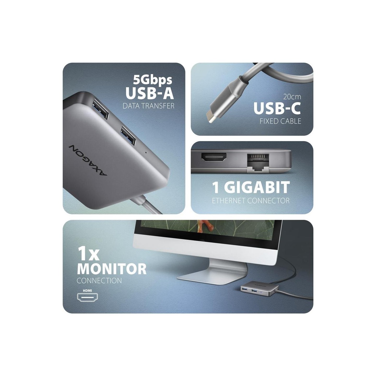 Axagon HMC-5HL USB 5Gbps hub, 2x USB-A, HDMI 4k/60Hz, RJ-45, PD 100W, 20c