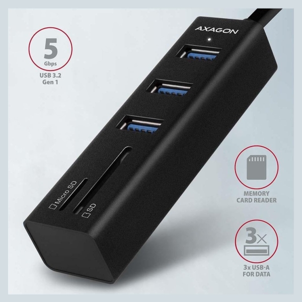 Axagon HMA-CR3A 3x USB-A + SD/microSD, USB3.2 Gen 1 hub, metal, 20cm USB-A cable