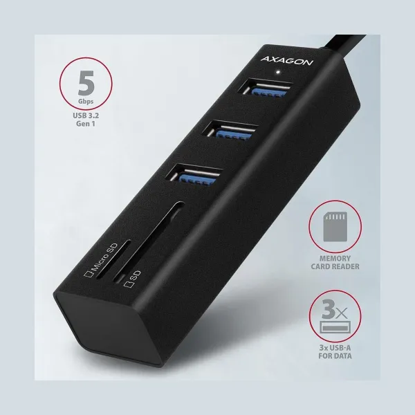 Axagon HMA-CR3A 3x USB-A + SD/microSD, USB3.2 Gen 1 hub, metal, 20cm USB-A cable