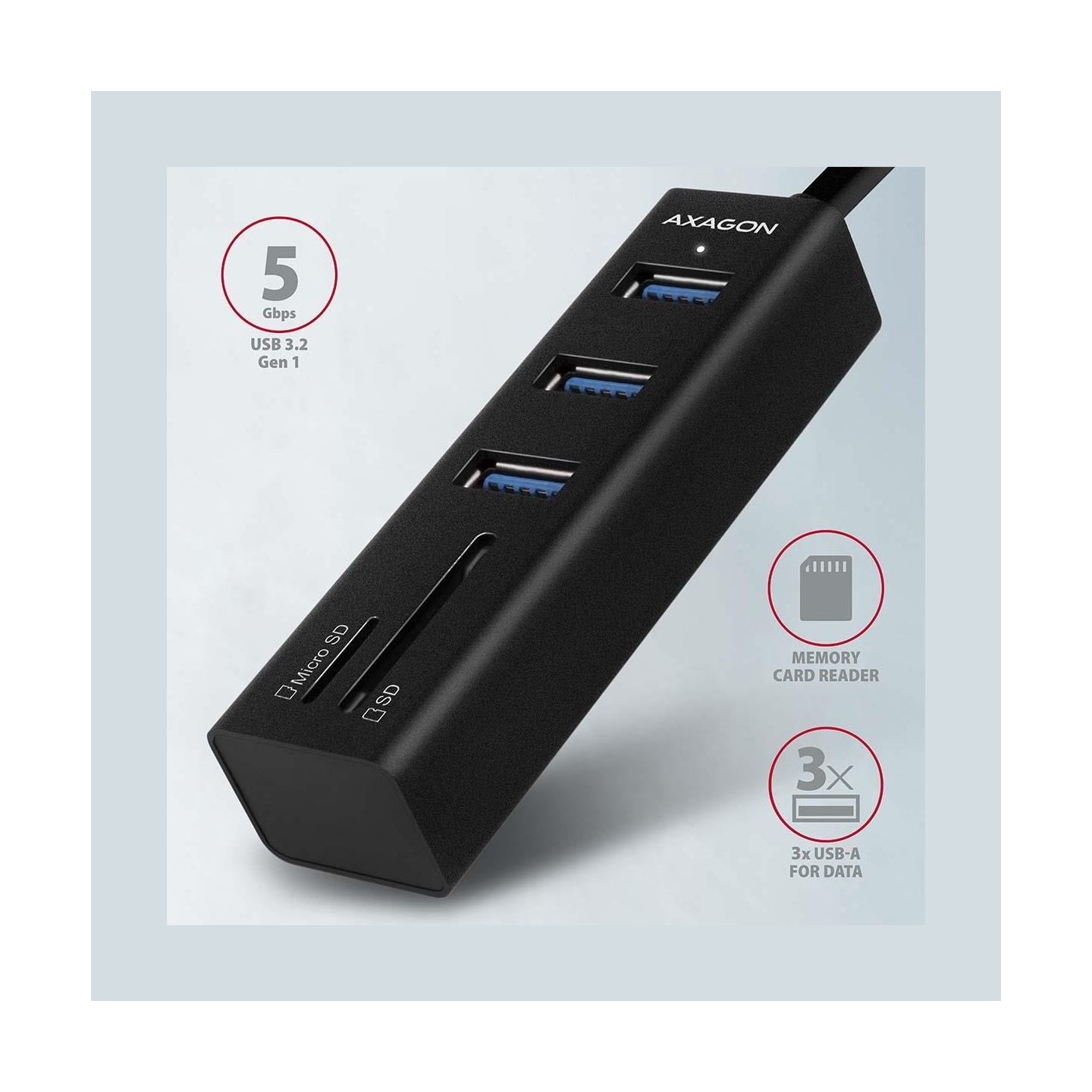 Axagon HMA-CR3A 3x USB-A + SD/microSD, USB3.2 Gen 1 hub, metal, 20cm USB-A cable