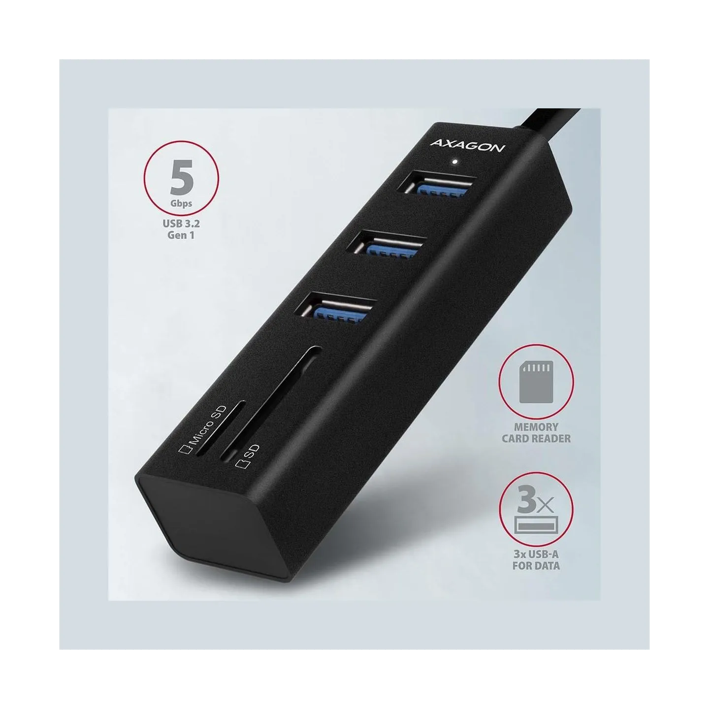 Axagon HMA-CR3A 3x USB-A + SD/microSD, USB3.2 Gen 1 hub, metal, 20cm USB-A cable
