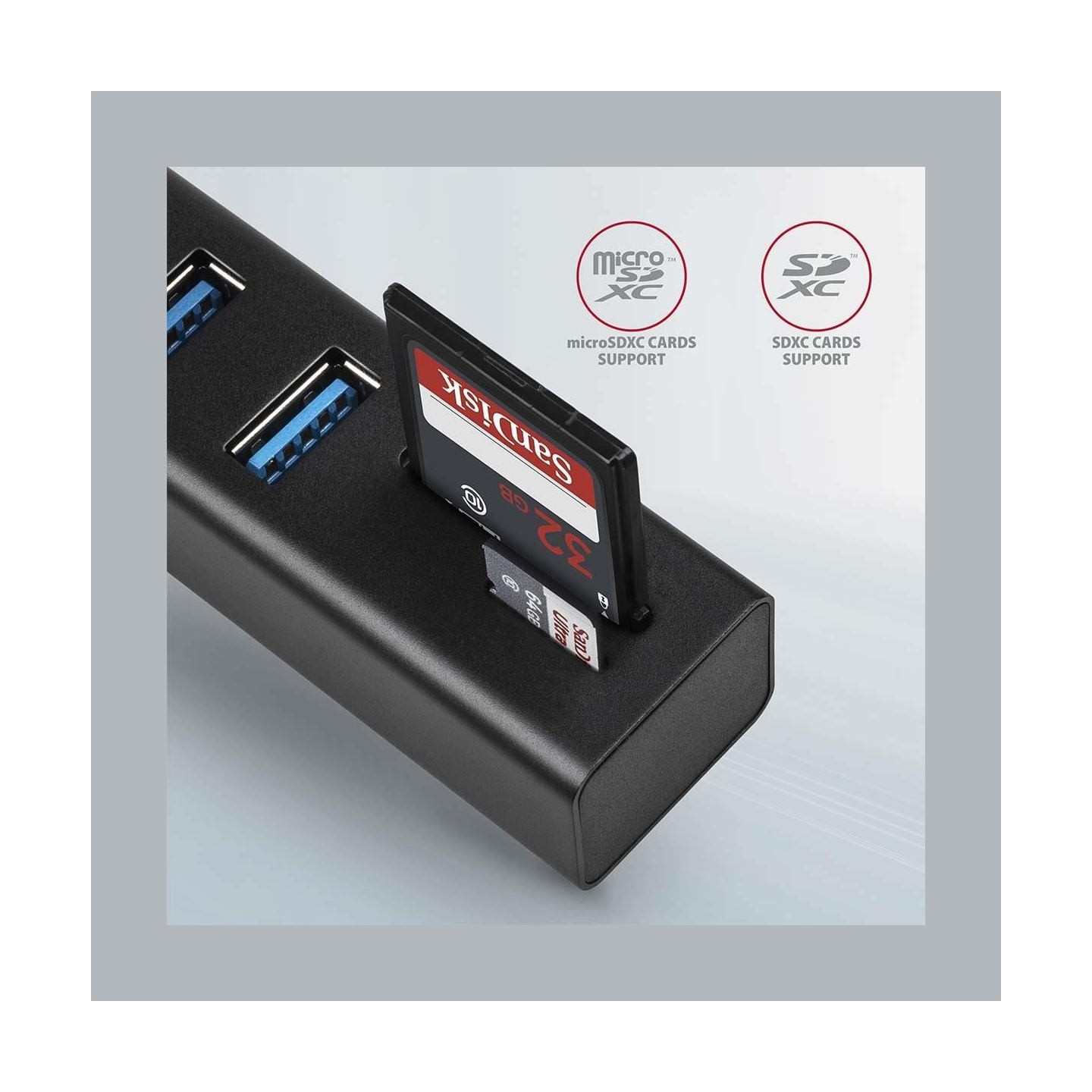 Axagon HMA-CR3A 3x USB-A + SD/microSD, USB3.2 Gen 1 hub, metal, 20cm USB-A cable