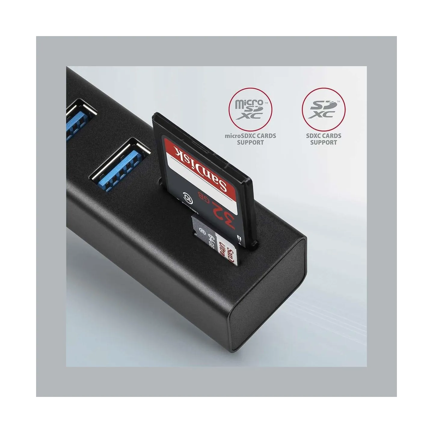 Axagon HMA-CR3A 3x USB-A + SD/microSD, USB3.2 Gen 1 hub, metal, 20cm USB-A cable