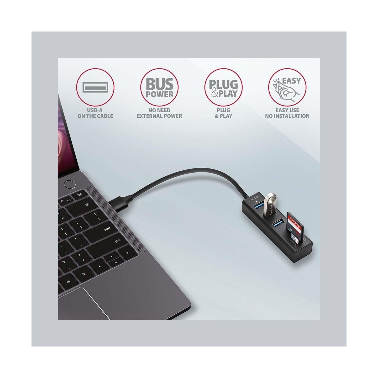 Axagon HMA-CR3A 3x USB-A + SD/microSD, USB3.2 Gen 1 hub, metal, 20cm USB-A cable
