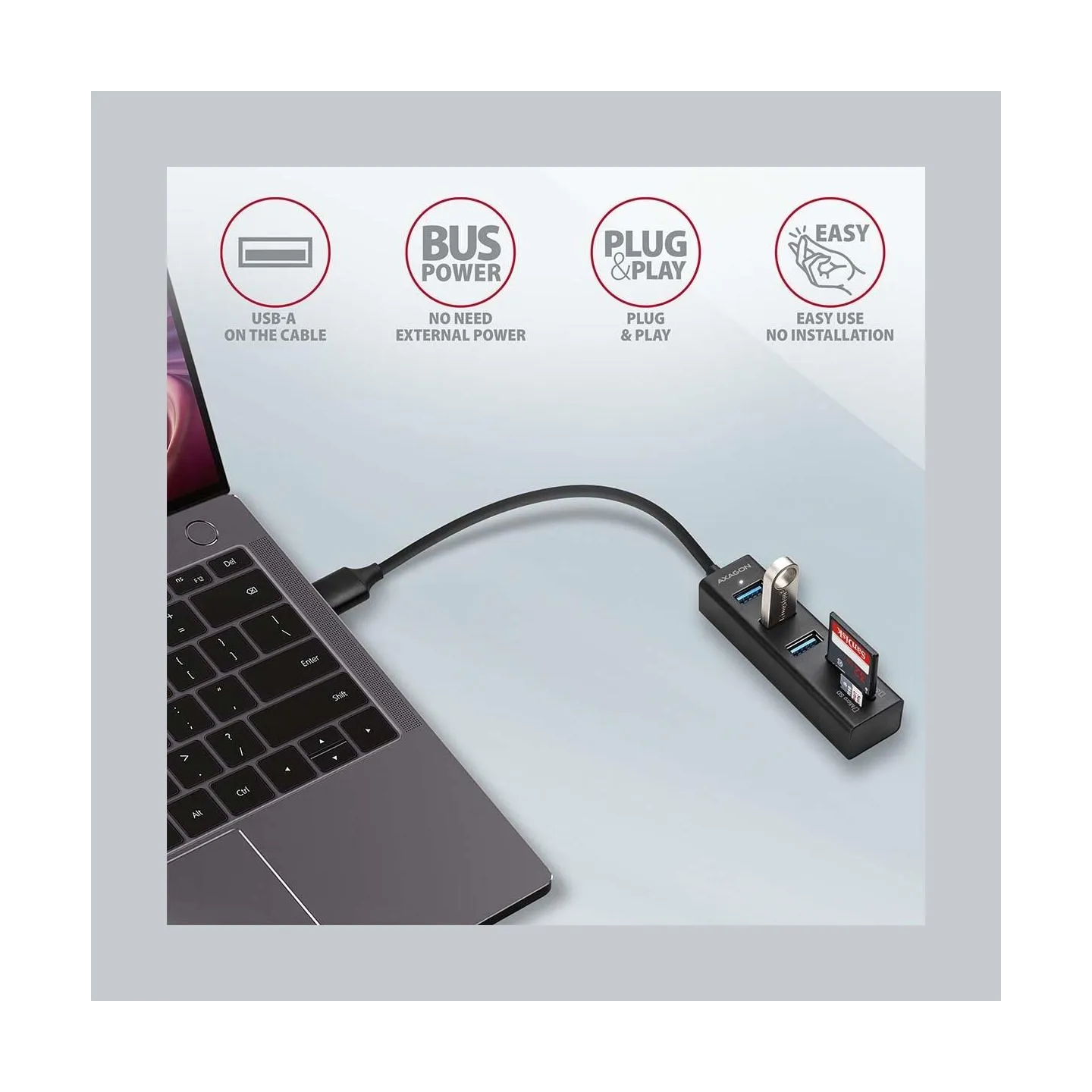Axagon HMA-CR3A 3x USB-A + SD/microSD, USB3.2 Gen 1 hub, metal, 20cm USB-A cable