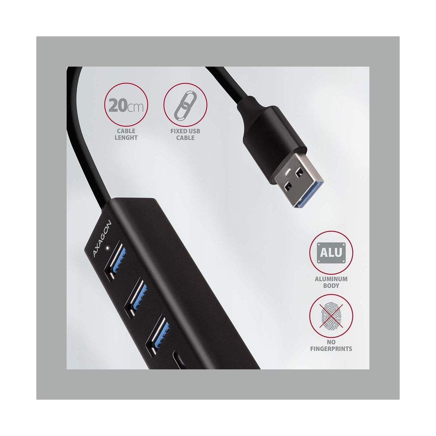 Axagon HMA-CR3A 3x USB-A + SD/microSD, USB3.2 Gen 1 hub, metal, 20cm USB-A cable