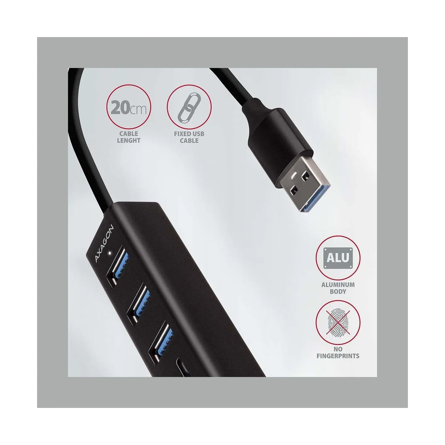 Axagon HMA-CR3A 3x USB-A + SD/microSD, USB3.2 Gen 1 hub, metal, 20cm USB-A cable