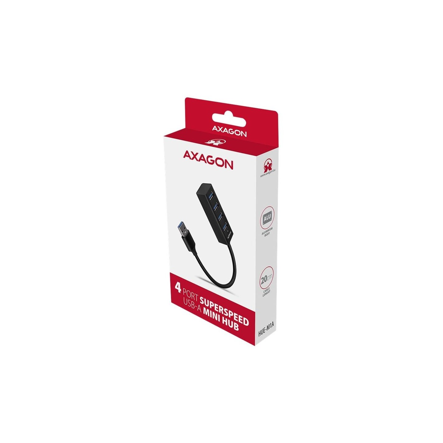 Axagon HUE-M1A 4x USB3.2 Gen 1 MINI hub, metal, 20cm USB-A cable
