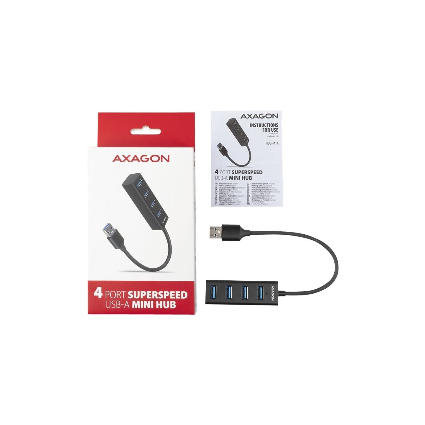 Axagon HUE-M1A 4x USB3.2 Gen 1 MINI hub, metal, 20cm USB-A cable