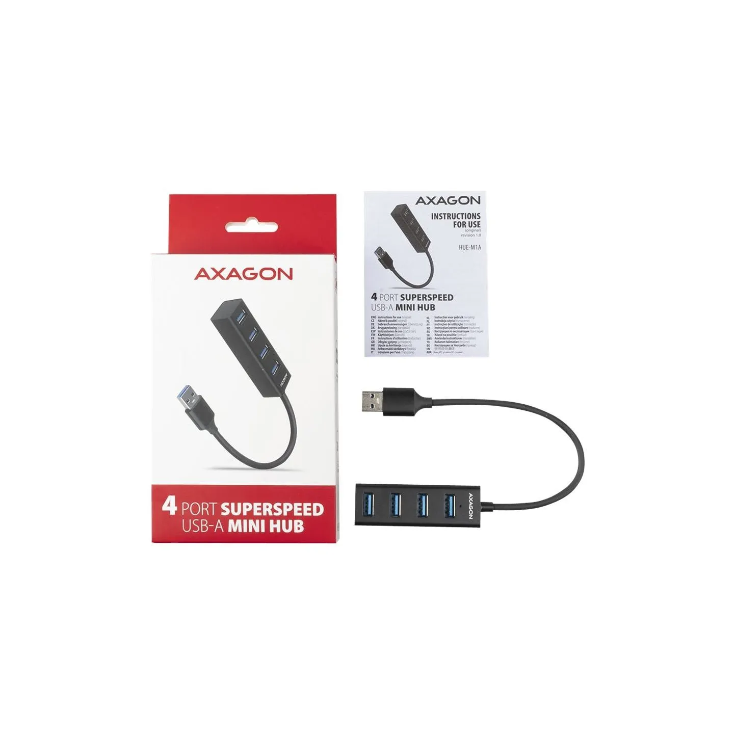Axagon HUE-M1A 4x USB3.2 Gen 1 MINI hub, metal, 20cm USB-A cable