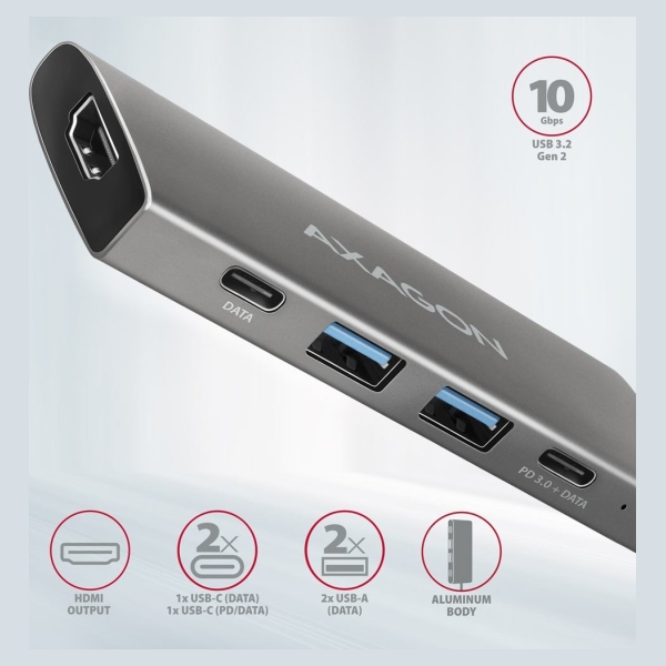 Axagon HMC-5G21 2x USB-A + 2x USB-C + HDMI 4K/30Hz, USB-C 3.2 Gen 2 10Gbps hub, PD 60W, 13cm USB-C cable