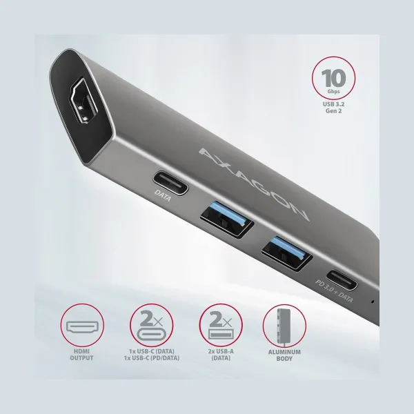 Axagon HMC-5G21 2x USB-A + 2x USB-C + HDMI 4K/30Hz, USB-C 3.2 Gen 2 10Gbps hub, PD 60W, 13cm USB-C cable