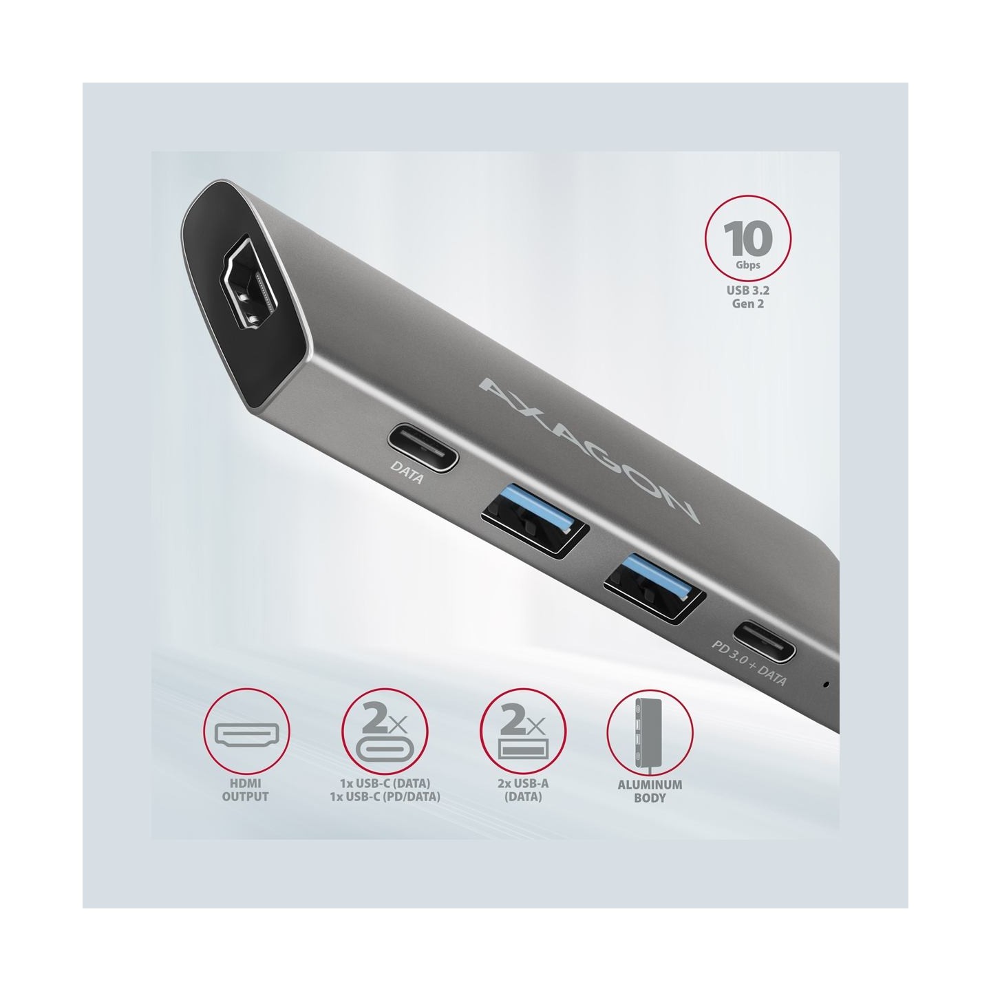 Axagon HMC-5G21 10Gbps hub 5in 1 HDMI + 2x USB-A/USB-C
