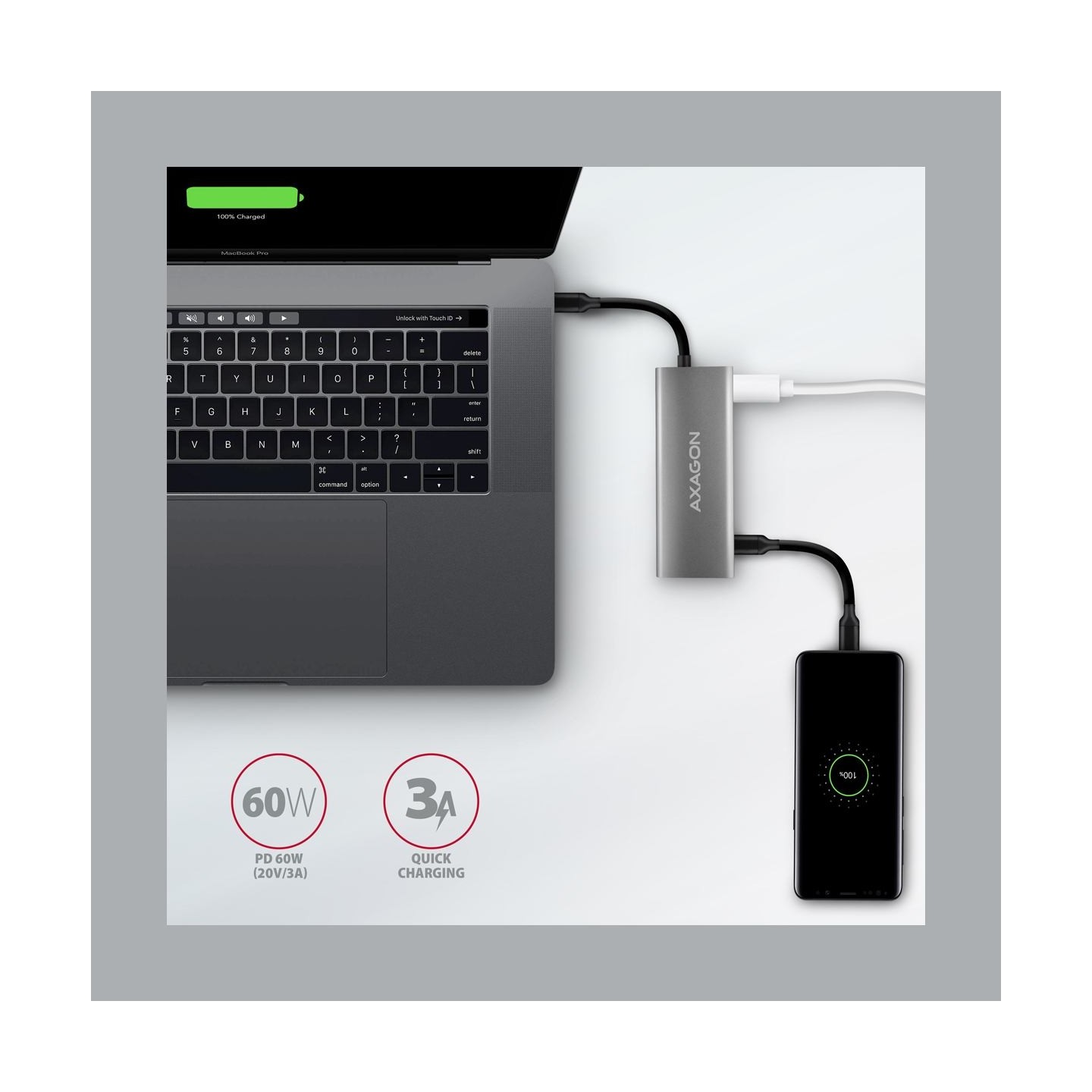 Axagon HMC-5G21 2x USB-A + 2x USB-C + HDMI 4K/30Hz, USB-C 3.2 Gen 2 10Gbps hub, PD 60W, 13cm USB-C cable
