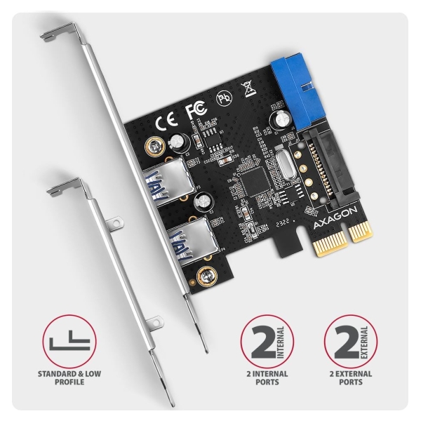 Axagon PCEU-232RS PCIe card - 2+2x USB 5Gbps port, SATA power, Renesas PD720201, SP & LP