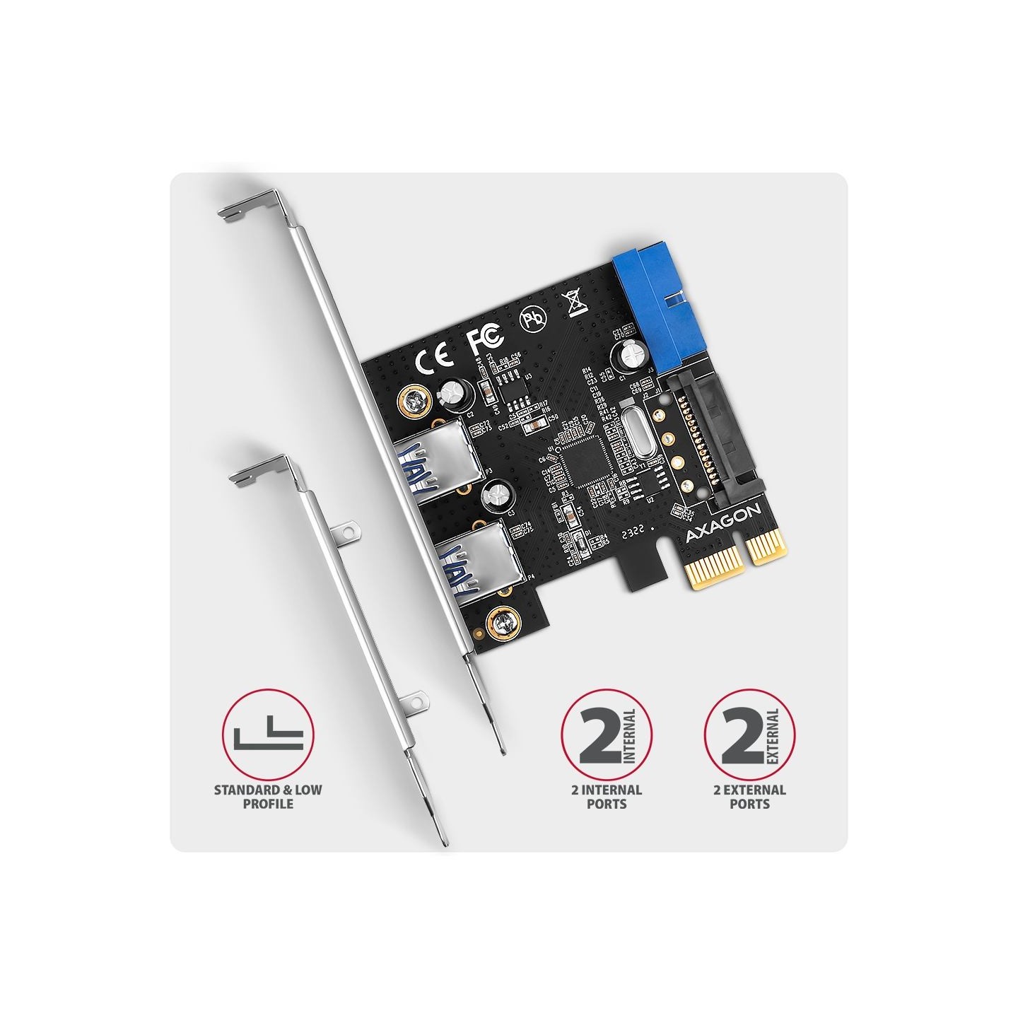 Axagon PCEU-232RS PCIe card - 2+2x USB 5Gbps port, SATA power, Renesas PD720201, SP & LP