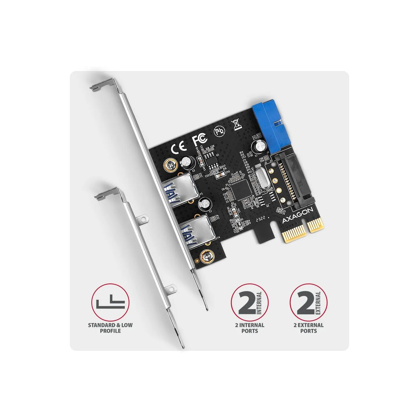 Axagon PCEU-232RS PCIe card - 2+2x USB 5Gbps port, SATA power, Renesas PD720201, SP & LP