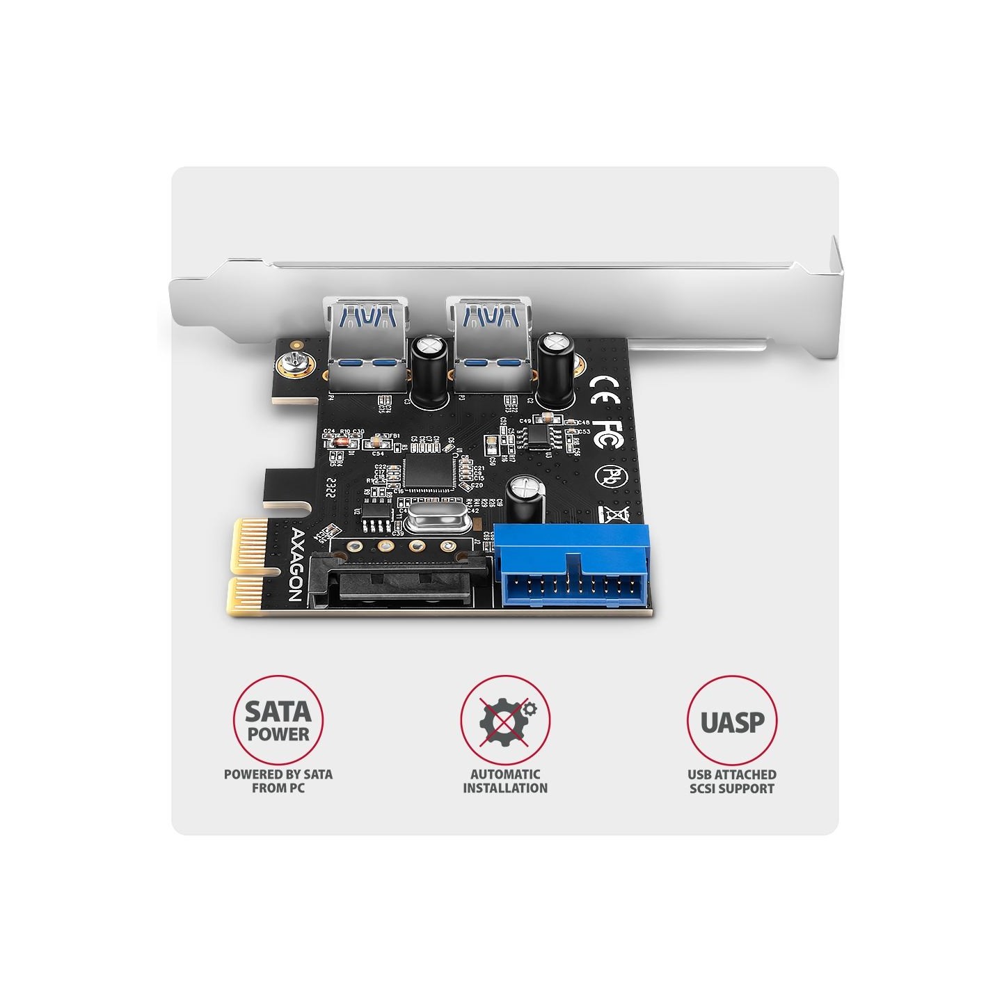 Axagon PCEU-232RS PCIe card - 2+2x USB 5Gbps port, SATA power, Renesas PD720201, SP & LP