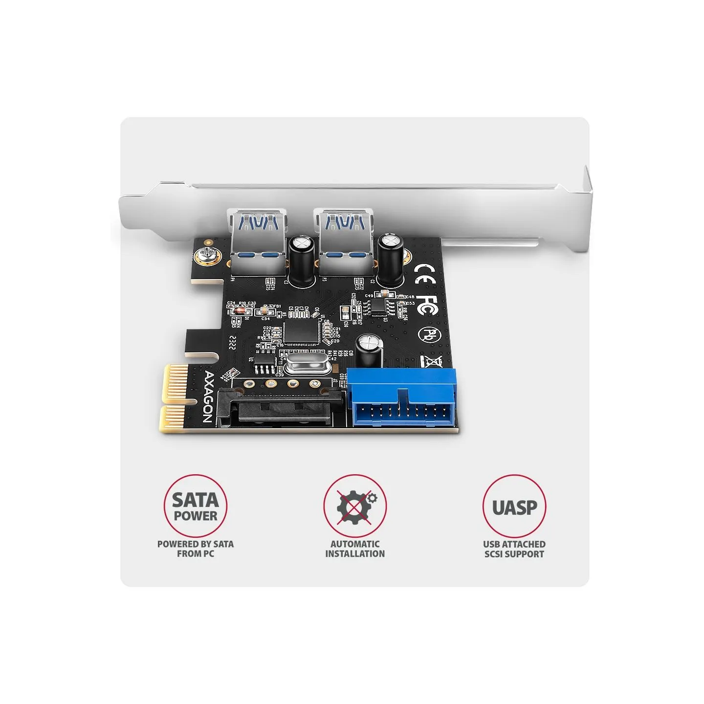 Axagon PCEU-232RS PCIe card - 2+2x USB 5Gbps port, SATA power, Renesas PD720201, SP & LP
