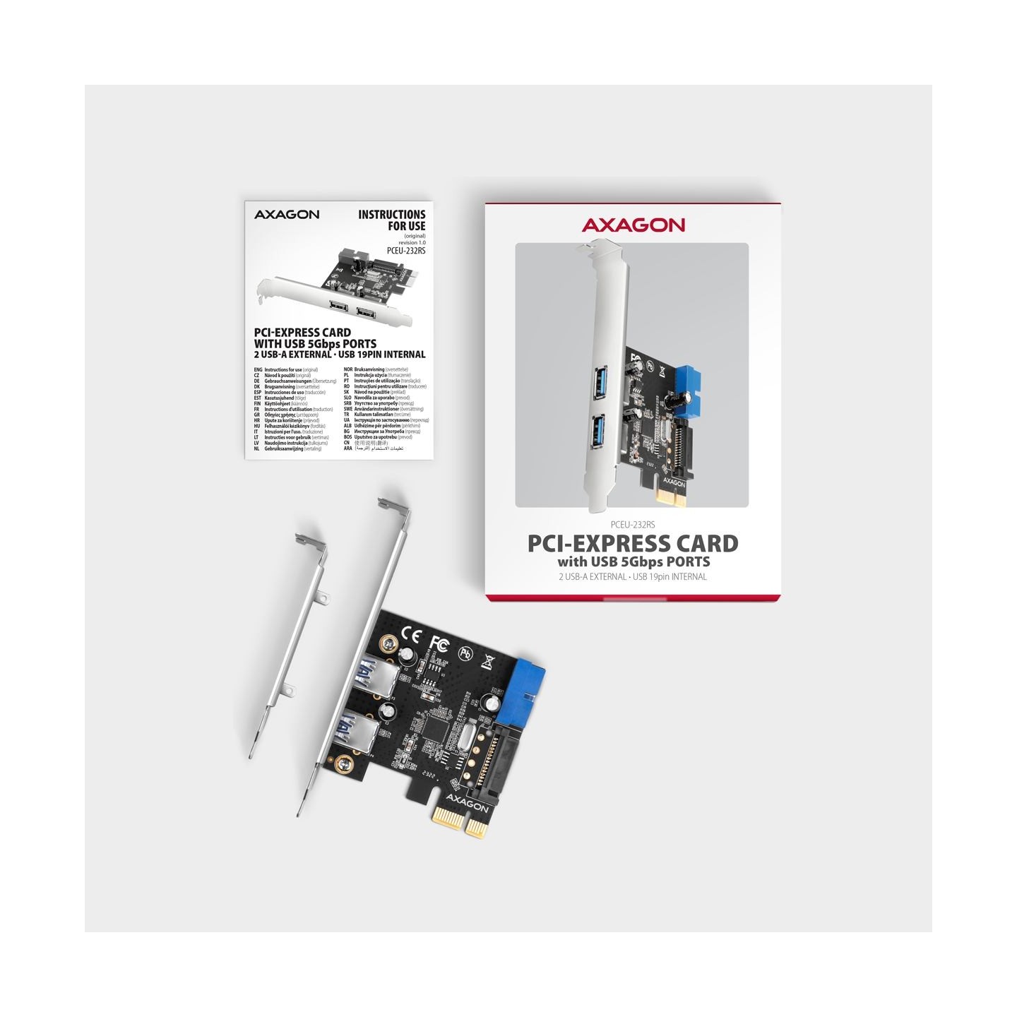 Axagon PCEU-232RS PCIe card - 2+2x USB 5Gbps port, SATA power, Renesas PD720201, SP & LP