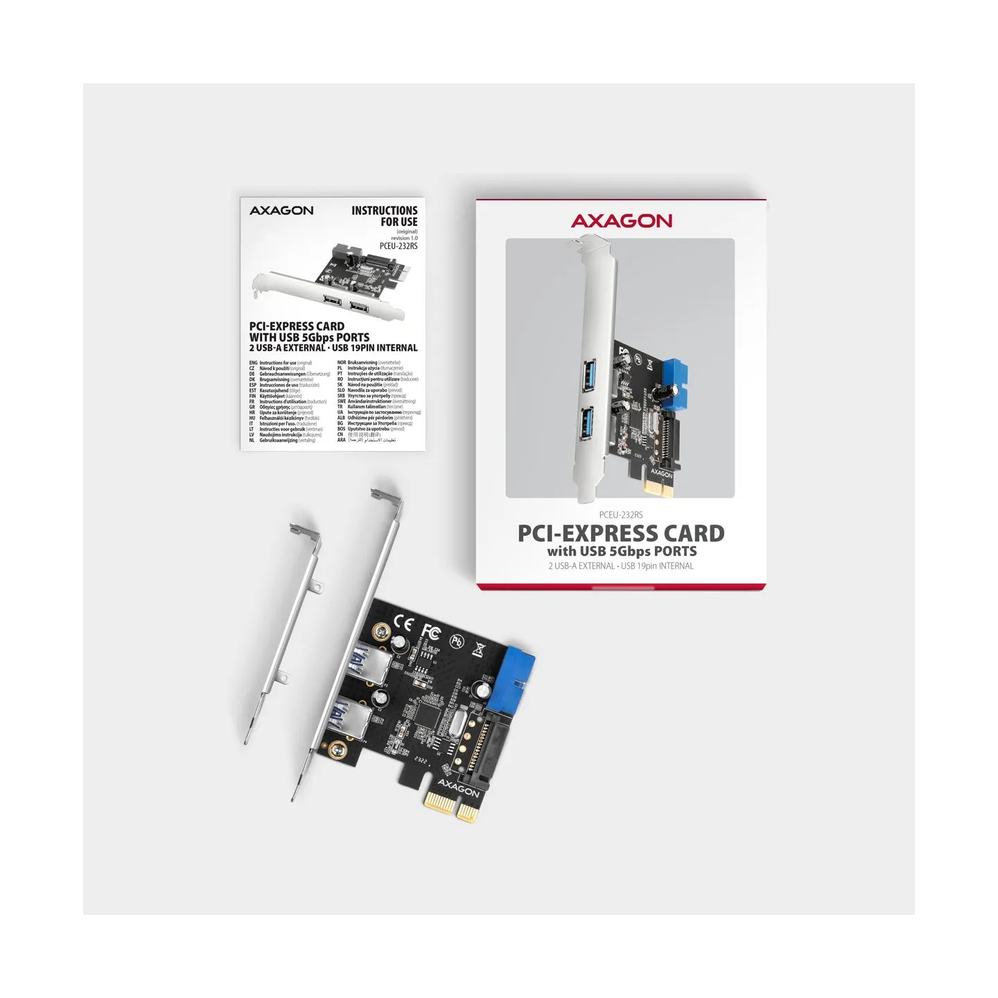 Axagon PCEU-232RS PCIe card - 2+2x USB 5Gbps port, SATA power, Renesas PD720201, SP & LP