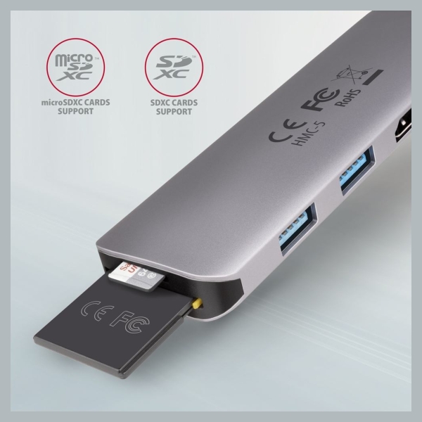 Axagon Hub HMC-5 2x USB-A, HDMI, SD/microSD, USB 3.2 Gen 1, PD 100W, 20cm USB-C cable