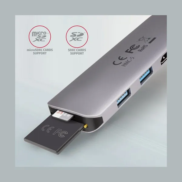 Axagon Hub HMC-5 2x USB-A, HDMI, SD/microSD, USB 3.2 Gen 1, PD 100W, 20cm USB-C cable