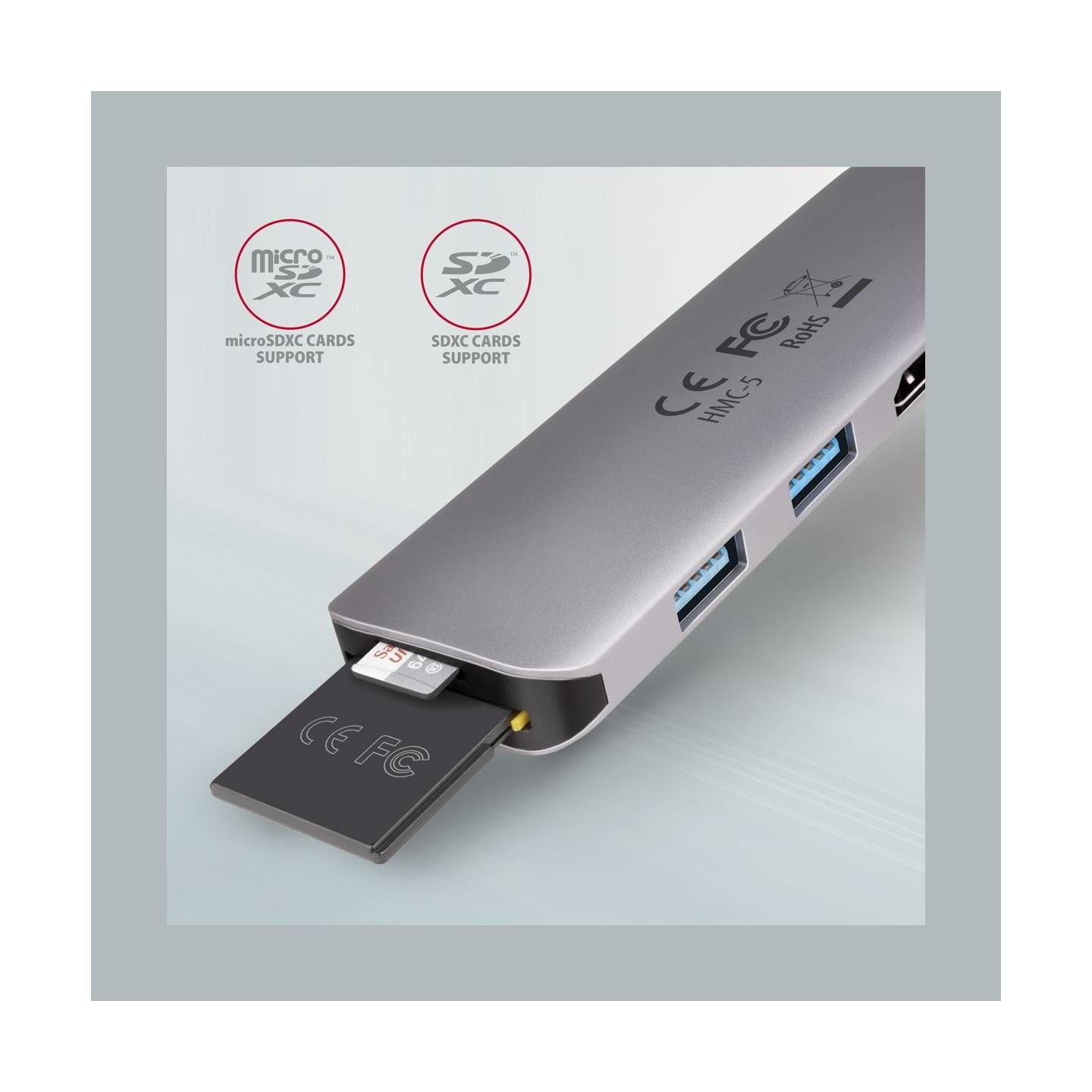 Axagon Hub HMC-5 2x USB-A, HDMI, SD/microSD, USB 3.2 Gen 1, PD 100W, 20cm USB-C cable