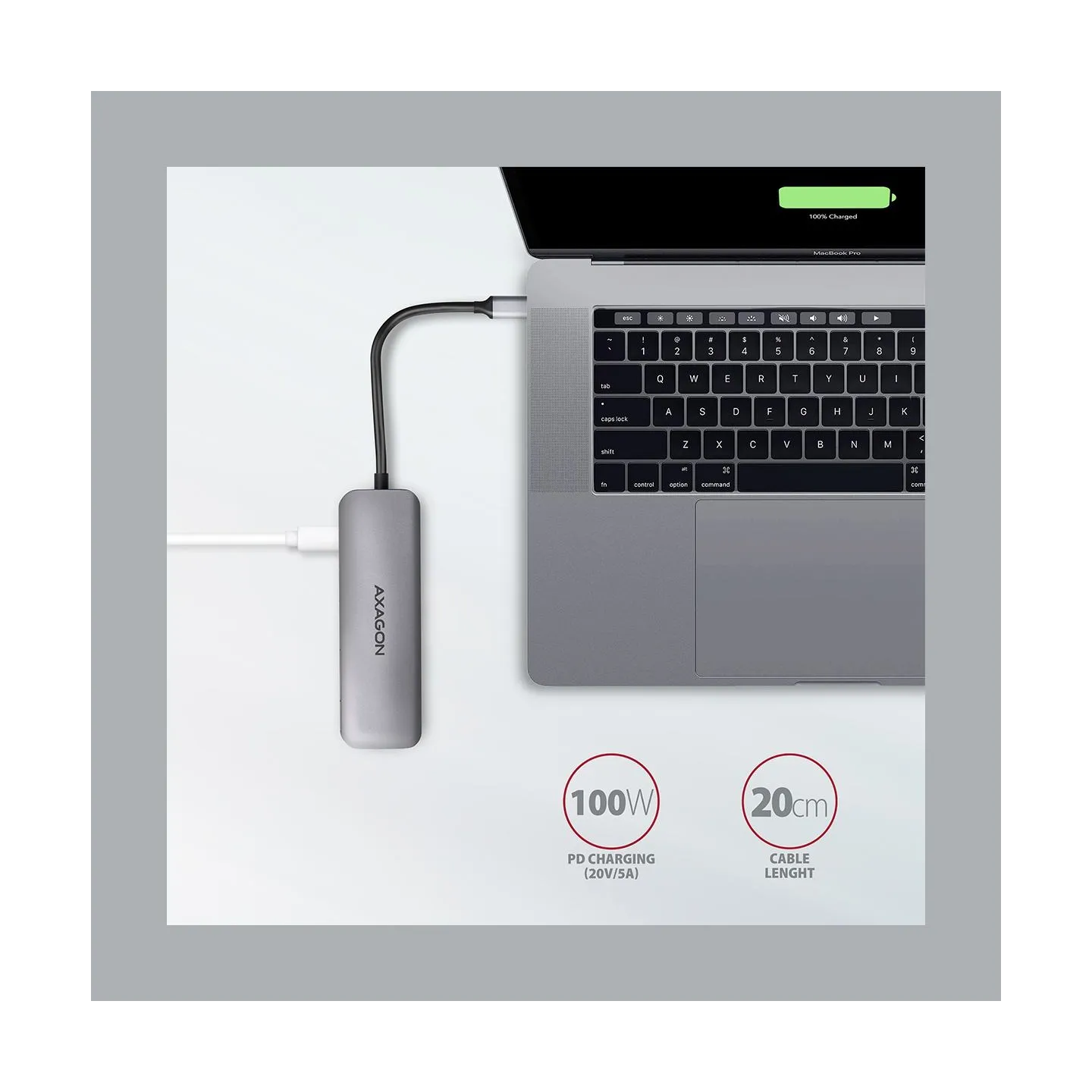 Axagon Multiport USB 3.2 Gen 1 hub. HDMI, card reader and Power Delivery. 20 cm USB-C cable.