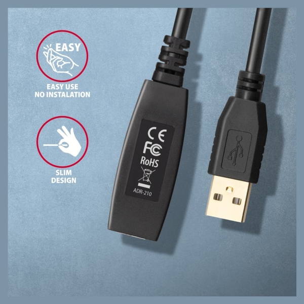 Axagon Active extension USB 2.0 A-M> A-F cable, 10 m long. Power supply option.