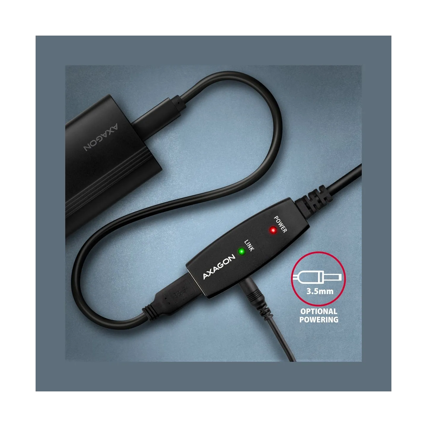 Axagon Active extension USB 2.0 A-M> A-F cable, 10 m long. Power supply option.