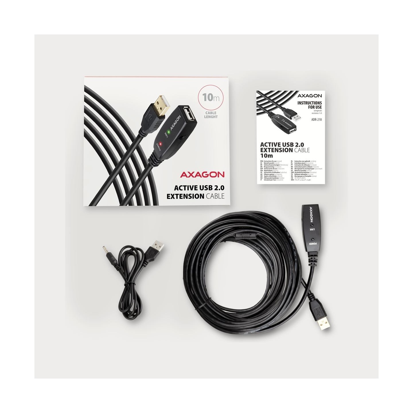 Axagon Active extension USB 2.0 A-M> A-F cable, 10 m long. Power supply option.