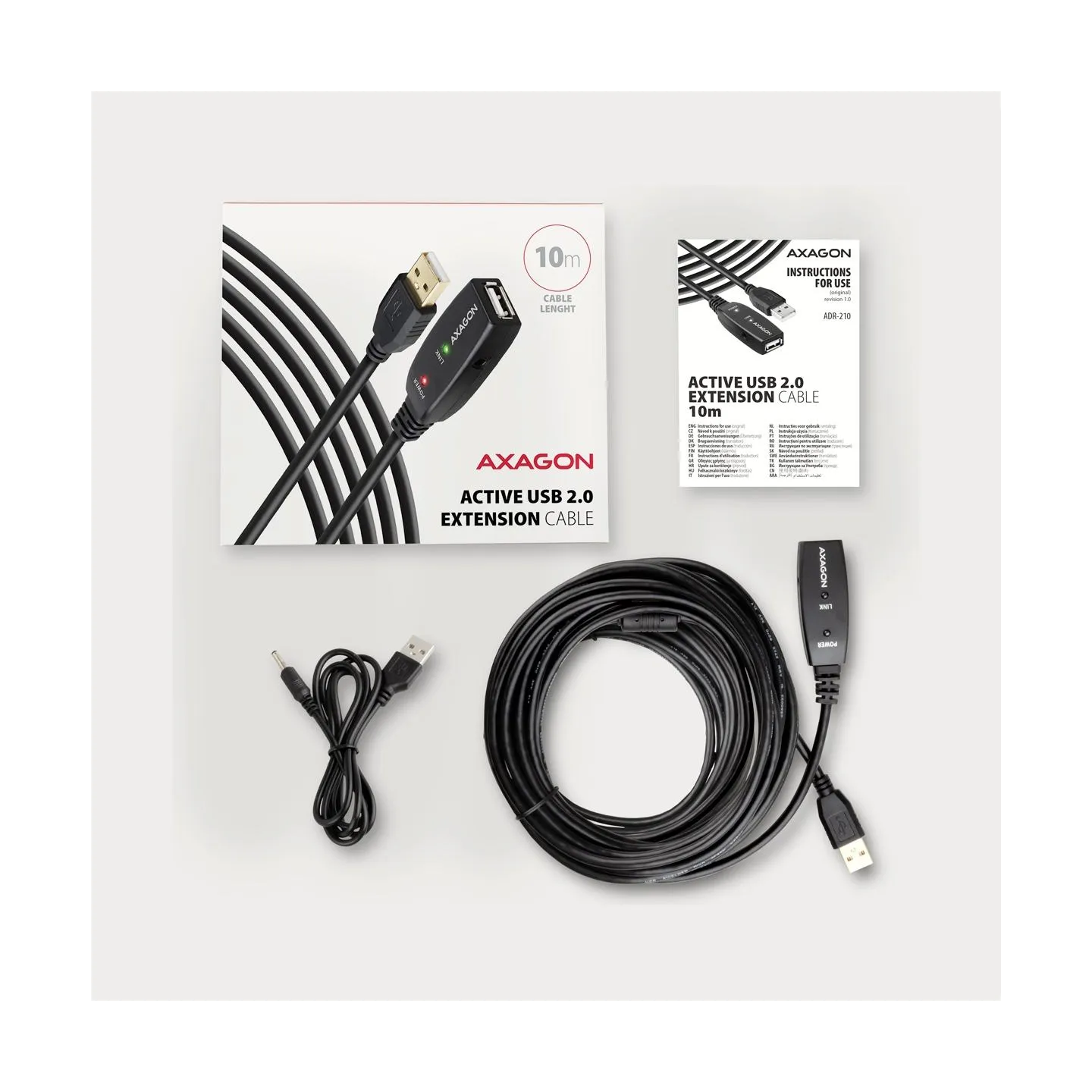 Axagon Active extension USB 2.0 A-M> A-F cable, 10 m long. Power supply option.