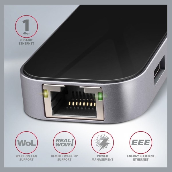 Axagon Multiport USB 3.2 Gen 1 hub. HDMI, Gigabit LAN and Power Delivery. 20 cm USB-C cable.