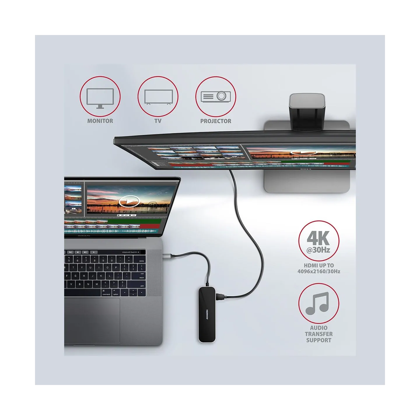 Axagon HMC-6GL 3x USB-A, HDMI, RJ-45, USB 3.2 Gen 1 hub, PD 100W, 20cm USB-C cable